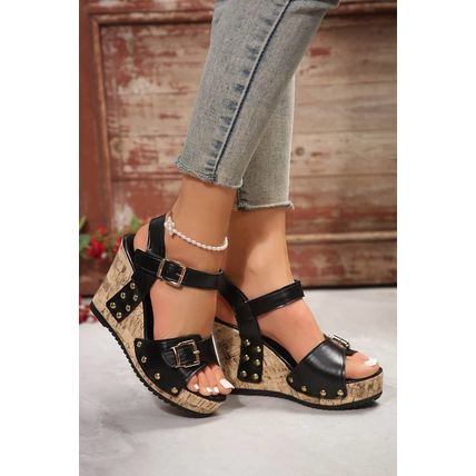 Black Rivet Buckle Closure Wedge Sandals