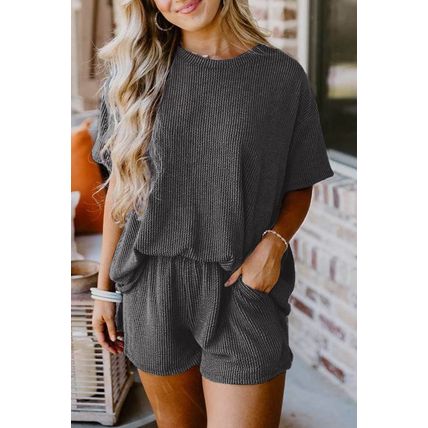 Carbon Grey Ribbed Textured Knit Loose Fit Tee and Shorts Set