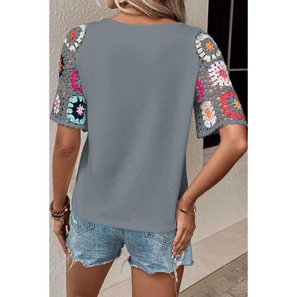 Medium Grey Floral Crochet Short Sleeve Top