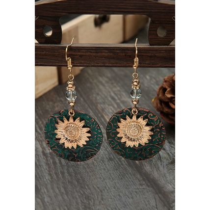 Real Teal Retro Sunflower Disc Alloy Dangle Earrings
