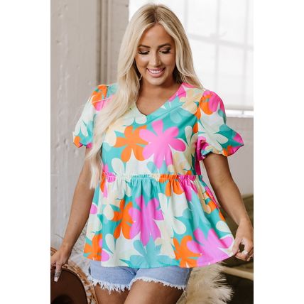 Pink Floral Print Bubble Sleeve V Neck Peplum Blouse