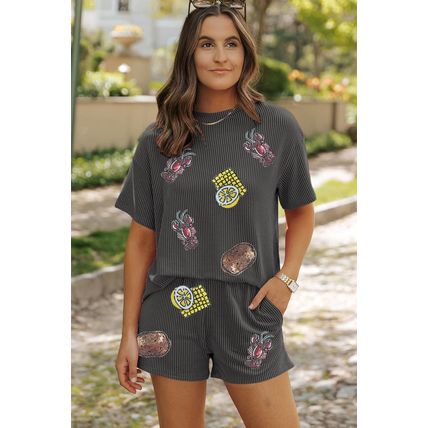 Carbon Grey Sequin Crawfish Food Print Textured Tee and Short Set