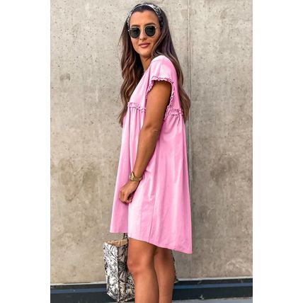 Pink Frilled Trim Crew Neck Loose Fit Mini Dress