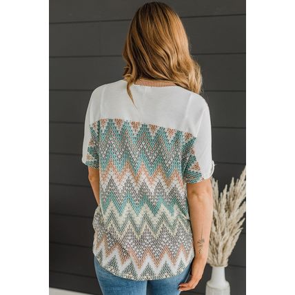 White Chevron Patchwork Raglan Sleeve Knitted T Shirt