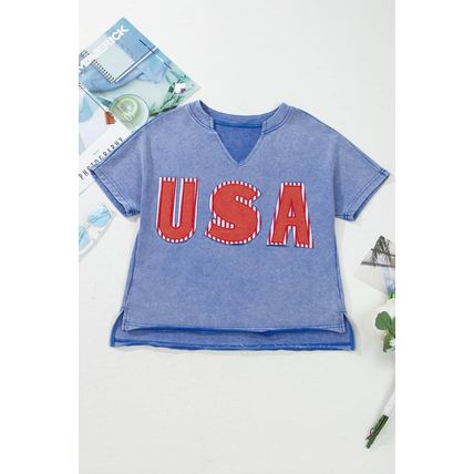 Sky Blue USA Patch Mineral Wash Notch V Neck Vintage Graphic T Shirt