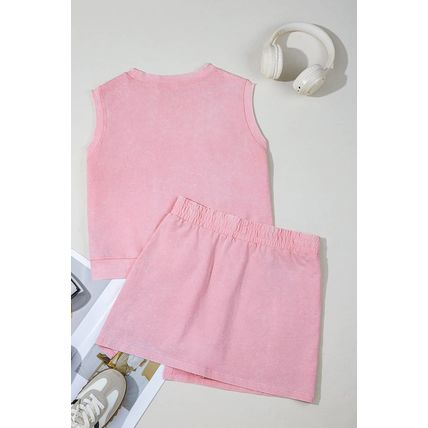 Light Pink 2 Pieces Mineral Wash Cotton Tank Top Lined Split Skirt Set