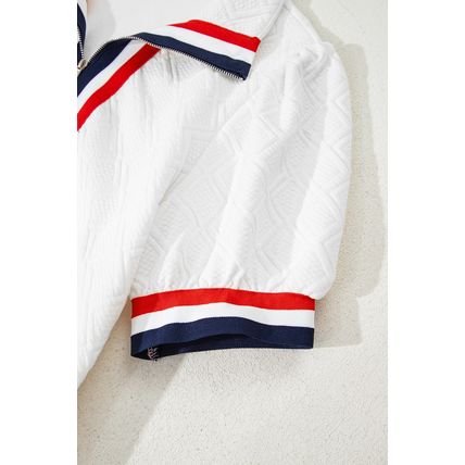 White Textured Jacquard Colorblock Edge Puff Sleeve Quarter Zip Mini Dress