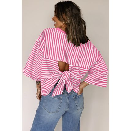 Pink Stripe Bowknot Cutout Back Drop Shoulder Wide Bracelet Sleeve Loose Tee