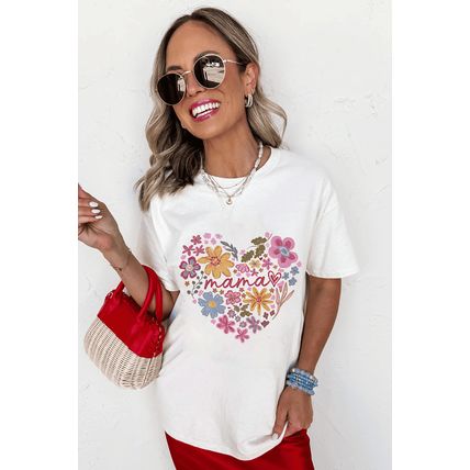 White MAMA Flower Heart Cotton Blend Graphic Tee
