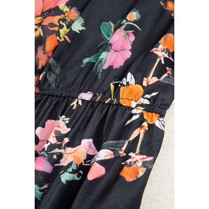 Black Plus Size Floral Print Tie Neck Cinched Waist Long Sleeve Mini Dress