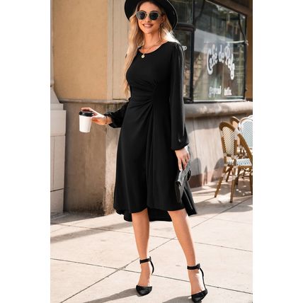 Black Solid Color Ruched Detail Long Sleeve Midi Dress