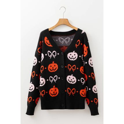 Black Halloween Pumpkin Bow Knit Button V Neck Sweater Cardigan