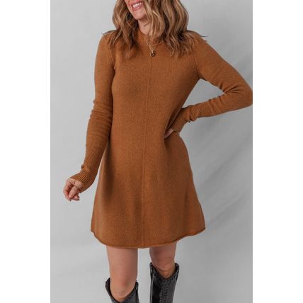 Straw Yellow Ribbed Detail Solid Color Mini Sweater Dress