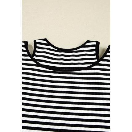 Black Stripe Double-layer Cold Shoulder Long Sleeve Top