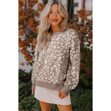 Gray Leopard Spots Pattern Ribbed Trim Drop Shoulder Sweater