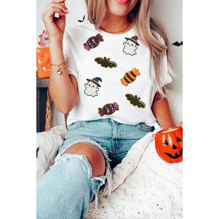 White Sequined Halloween Spirit Pattern Patched Custom Casual Tee