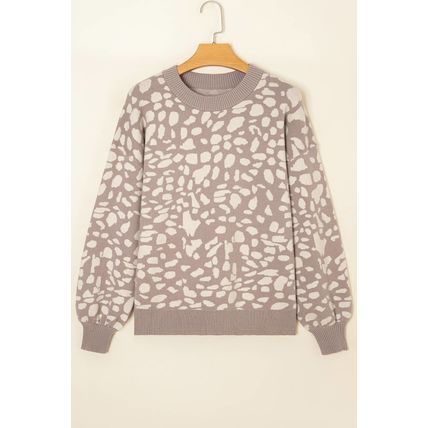 Gray Leopard Spots Pattern Ribbed Trim Drop Shoulder Sweater