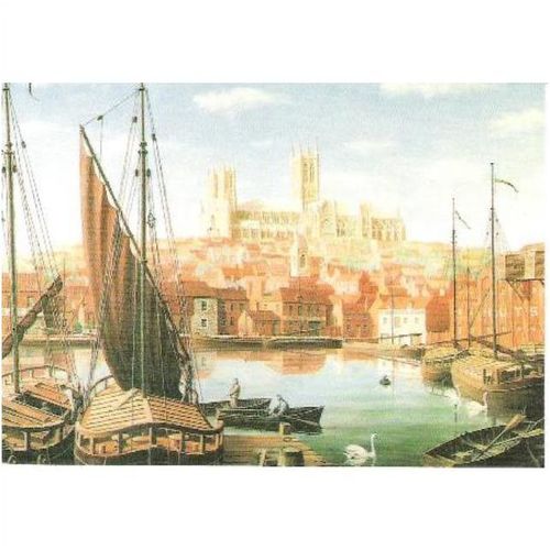 Lincoln Cathedral - from Brayford Pool - art postcard 1990