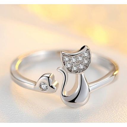 Crystal Cute Cat Adjustable Open Ring Ladies Girls Gift Uk