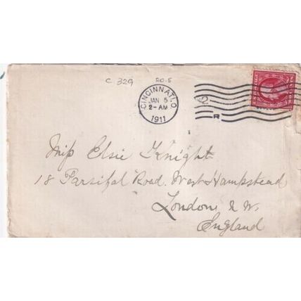 United States 1911 Cincinnati O-London UK Cover Cincinnati cancel written VGC