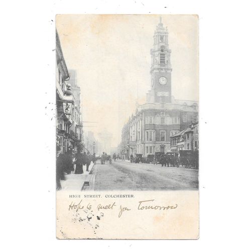 NICE ANIMATED PRINTED POSTCARD HIGH STREET COLCHESTER ESSEX POSTED 1904 (3489)