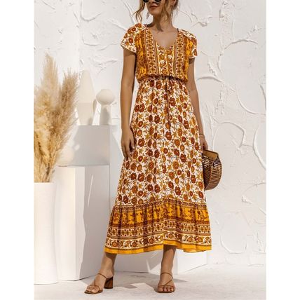 Orange Floral Button-Front Short-Sleeve Maxi Dress