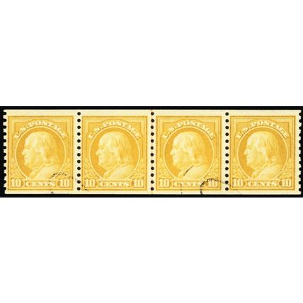 497, Used 10¢ VF Coil Line Strip of Four Stamps CV $235+ - Stuart Katz