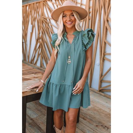 Green Tiered Ruffled Sleeves Mini Dress with Pockets