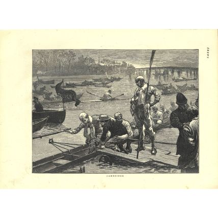 CAMBRIDGE - CREWS - BOAT RACE 1872 VICTORIAN ENGRAVING