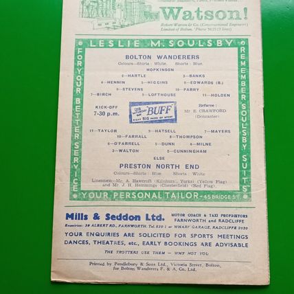 Bolton Wanderers v Preston Football Programme 21/4/58