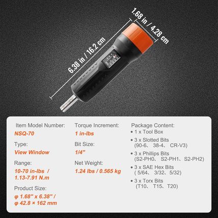 VEVOR 1/4" Drive Torque Screwdriver Wrench Set | 10-70 In-Lbs Torque Adjustment