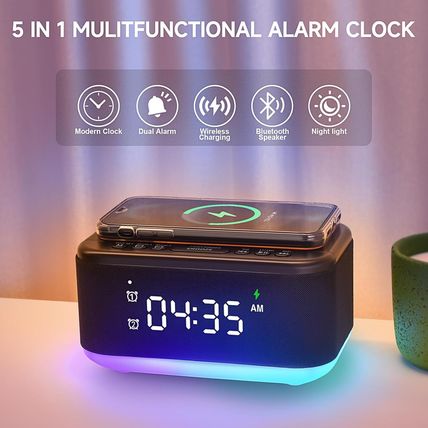 Alarm Clock Speaker Wireless Charger, Digital Alarm Clocks Bedrooms Bluetooth, A