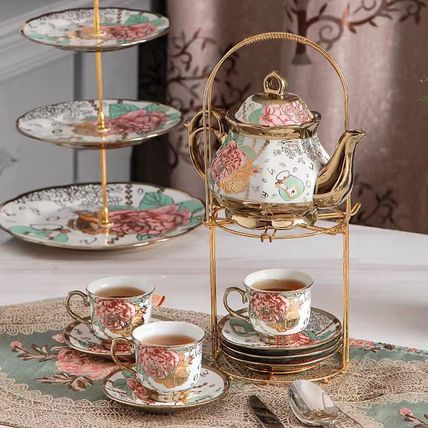CHANJOON Gold Plated Red Rose Ceramic Tea Set, Vintage Tea Set with Teapot, Beau