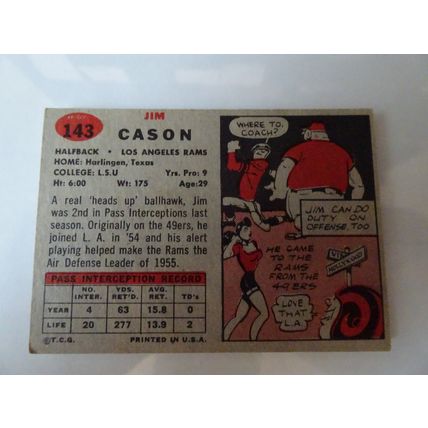 1957 Topps Football Card # 143 Jim Cason Very Good (3) Los Angeles Rams