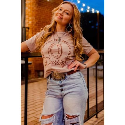 Khaki Darling Letter Graphic Print Short Sleeve T Shirt