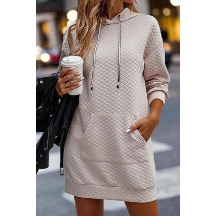 Parchment Drawstring Kangaroo Pocket Quilted Hooded Dress