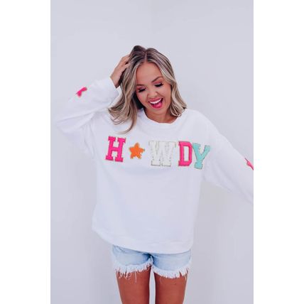 White Glitter Howdy Patch Graphic Casual Sweatshirt