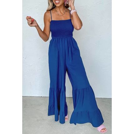 Navy Blue Spaghetti Straps Smocked Ruffled Wide Leg Jumpsuit
