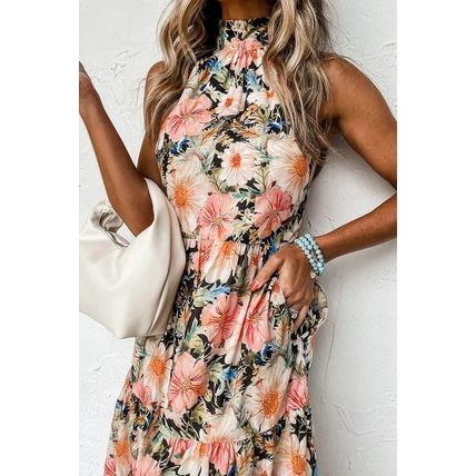 Black Boho Floral Print Knotted Halter Ruffled Maxi Dress