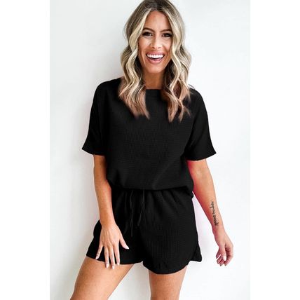 Black Casual Textured Tee and Drawstring Shorts Set