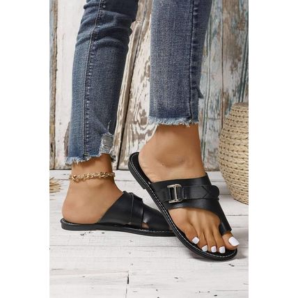 Black Toe Ring Flat Sandal Slippers