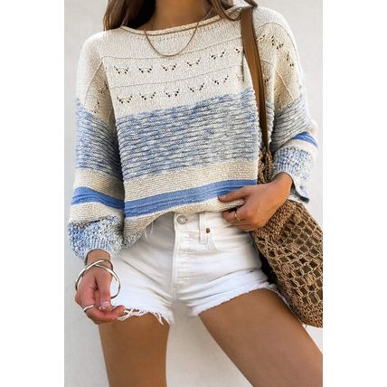 Light Blue Open Stitch Puff Sleeve Sweater