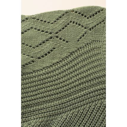 Green Hollow-out Puffy Sleeve Knit Sweater