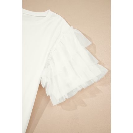 White Tulle Ruffle Sleeve Blouse