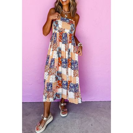 Orange Floral Patchwork Printed Frilled Bandeau Smocked High Waist Long Dress
