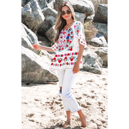 White Boho Floral Print Round Neck Ruffle Trim Blouse
