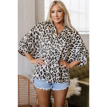 Beige Leopard Print Buttoned 3/4 Sleeve Loose Fit Shirt