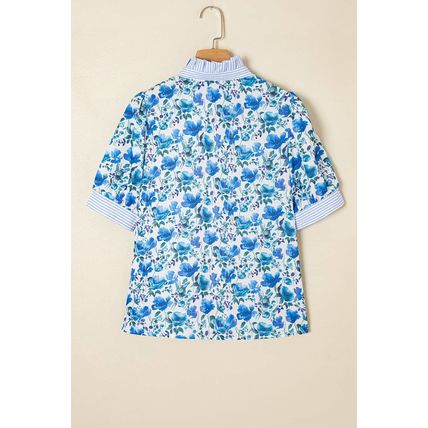 Sky Blue Floral Print Striped Patchwork Collared Short Sleeve Blouse