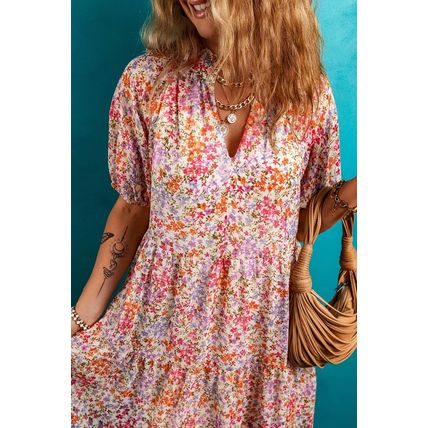 Red Floral Puff Sleeve Notched V Neck Tiered Mini Dress