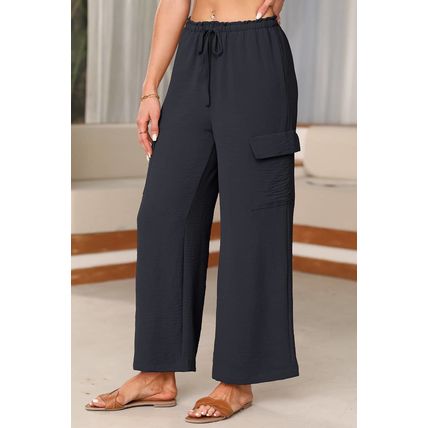 Black Drawstring Frilled Waist Wide Leg Utility Trousers
